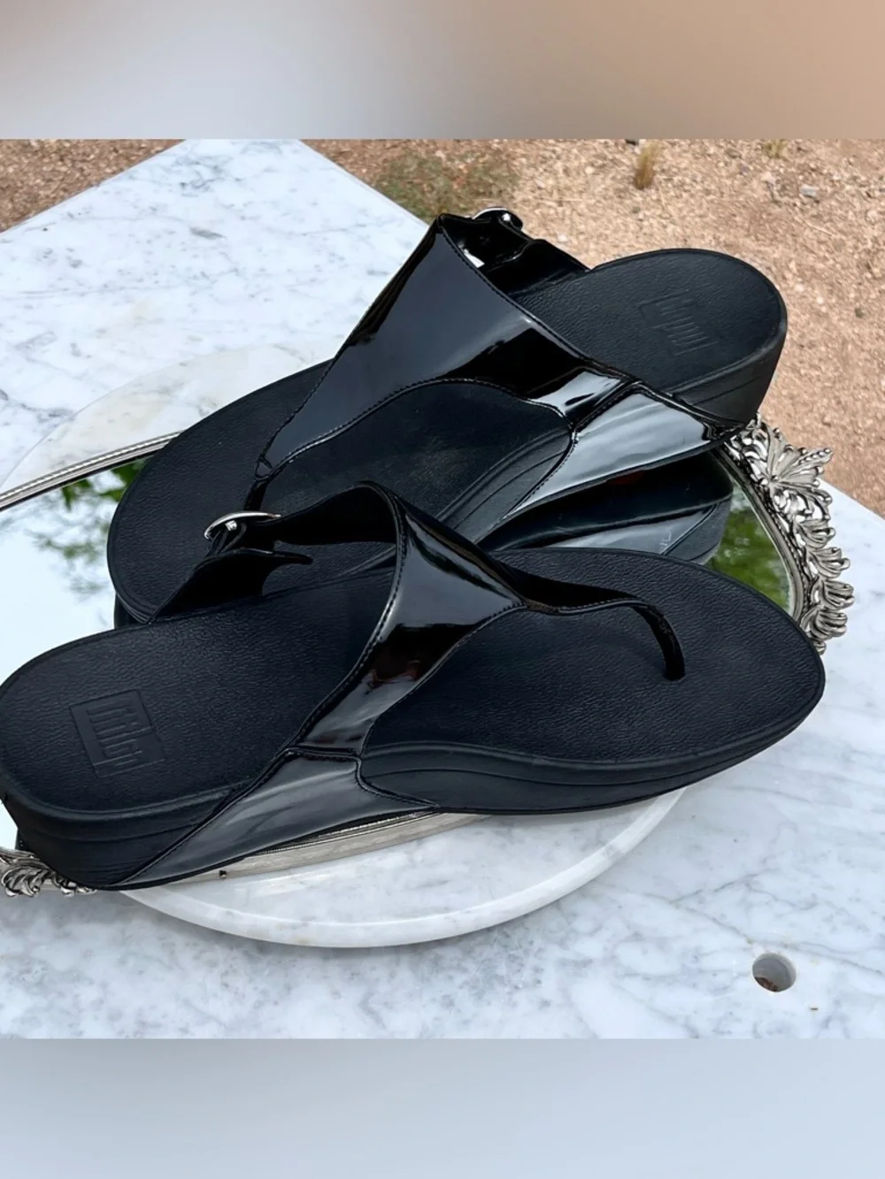 FitFlop The Skinny Black Patent Leather Wedge Thong / Sandal, 11, Silver Buckle - Picture 14 of 14